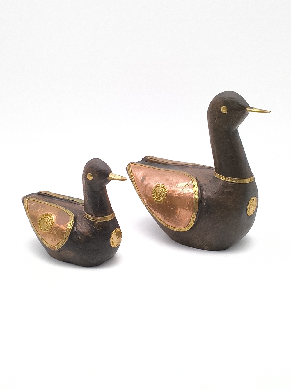 Vintage Delgif India Wooden Duck Figurines | Brass & Copper Overlay Set of 2